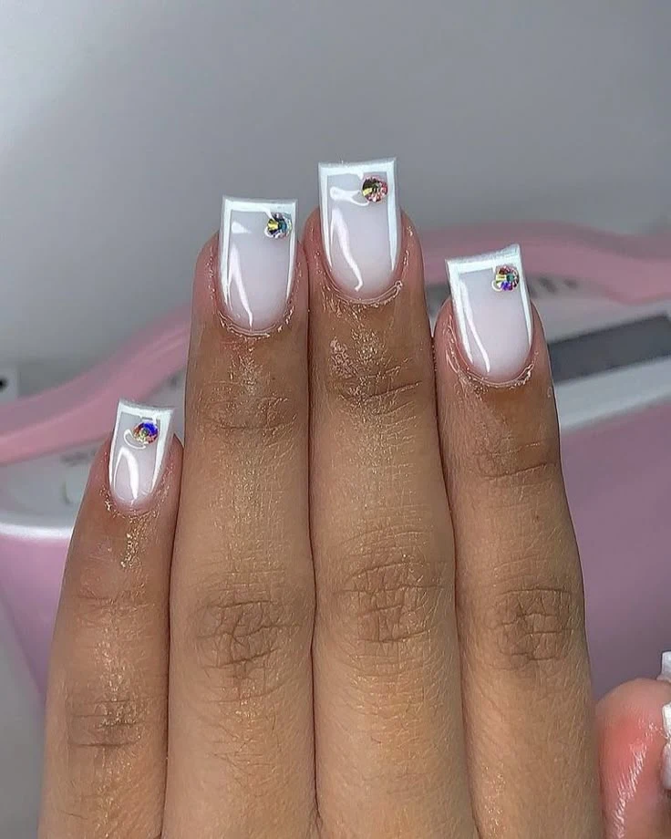 Square White Nails with Gems
